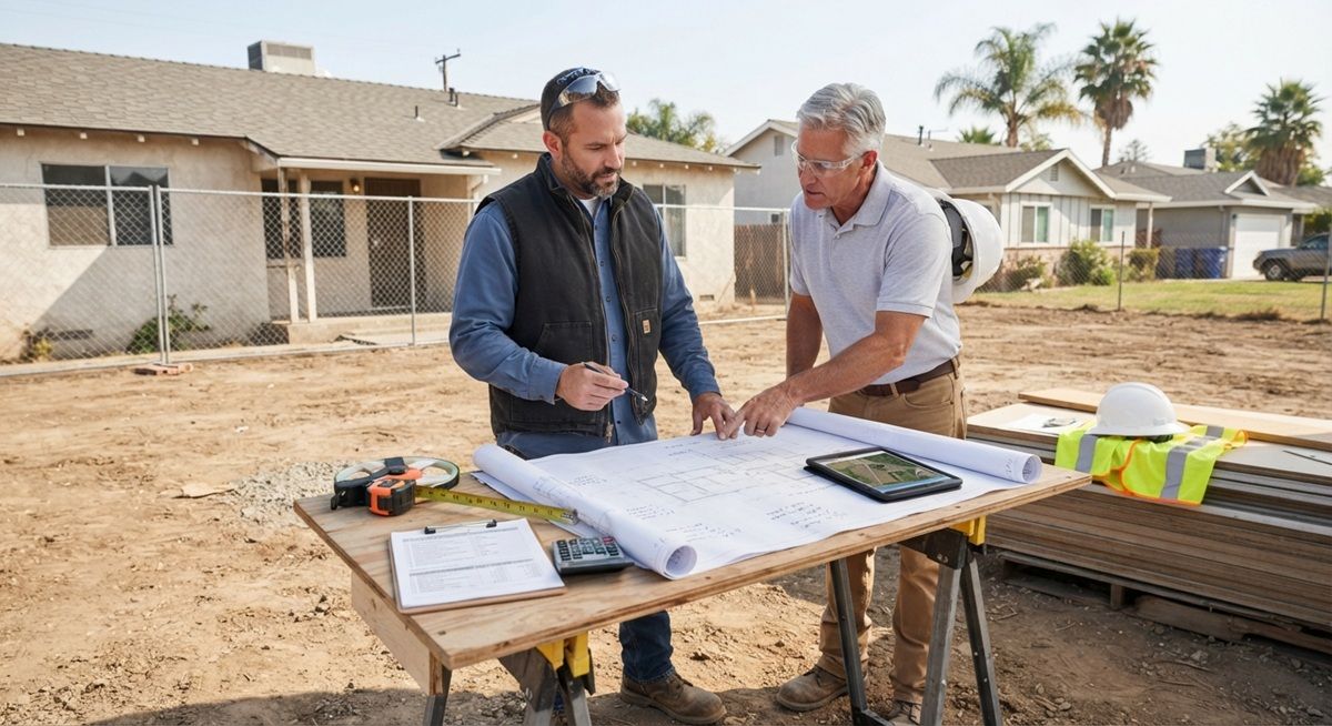 Demolition experts reviewing blueprints and planning a project at a residential site in Tracy, California.