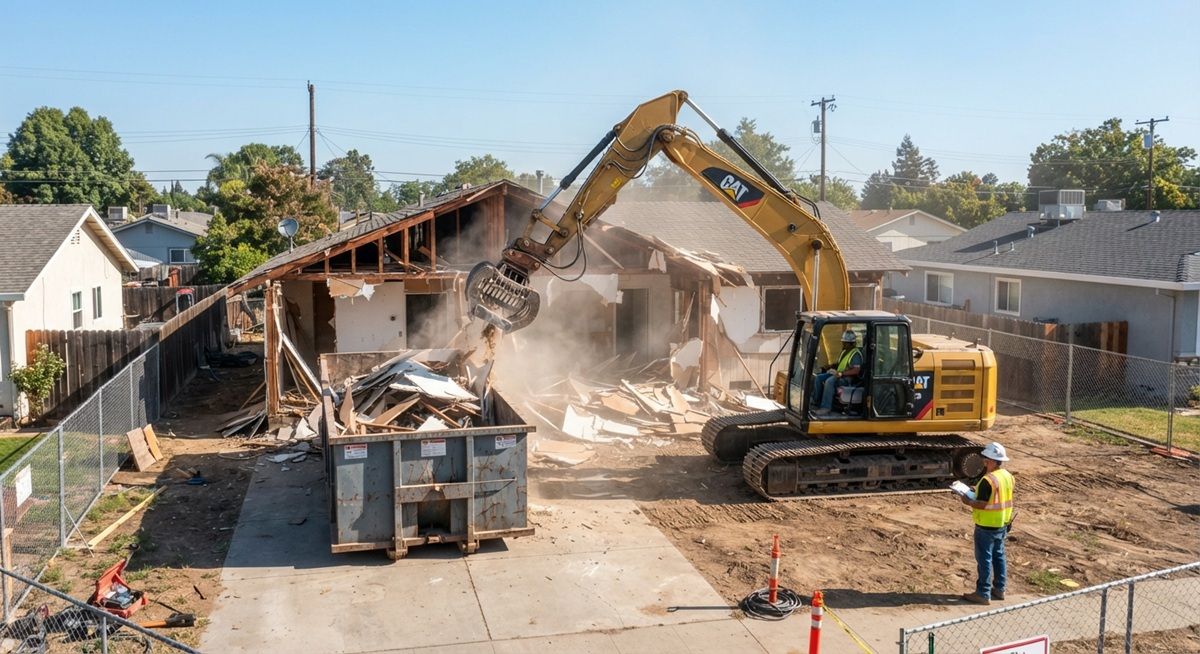 Excavator demolishing a residential home into a dumpster in Tracy, California.