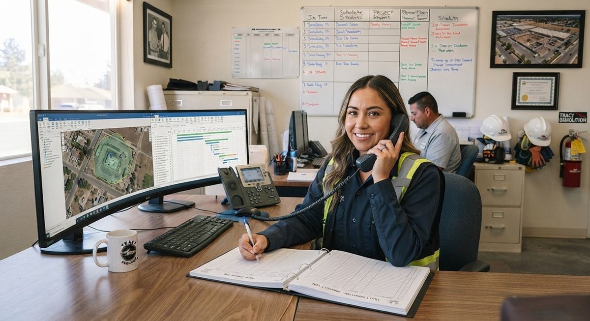 Demolition contractor team member taking a client call at the Tracy office.
