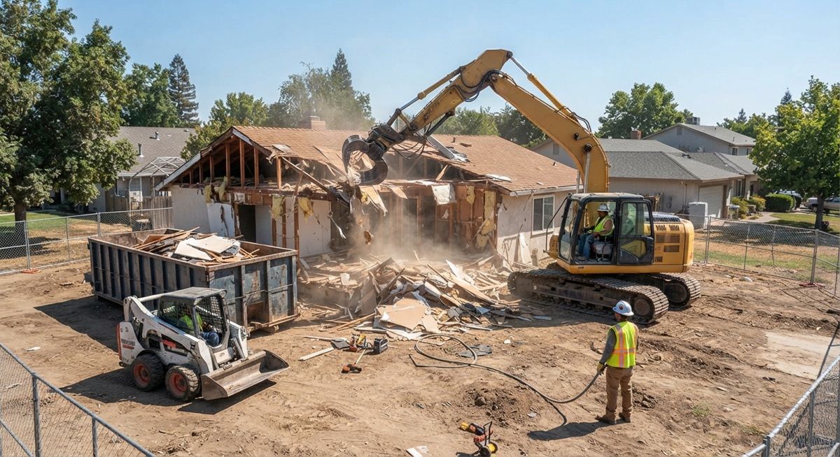 Excavator tearing down a residential house in Tracy, California.