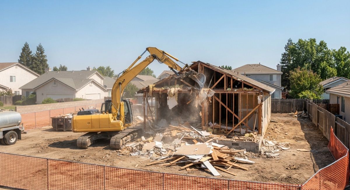 Yellow excavator demolishing a residential house in Tracy, California.