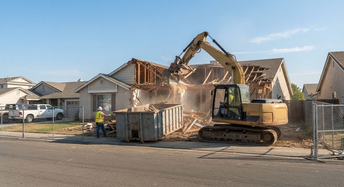 Excavator tearing down a residential house in Tracy, California.