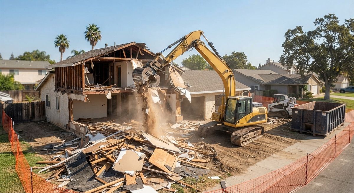 Excavator demolishing a residential house in Tracy, California.