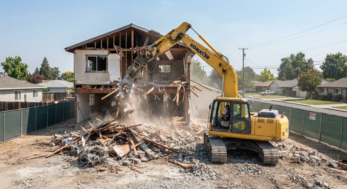 A large excavator demolishing a residential house in Tracy, CA.