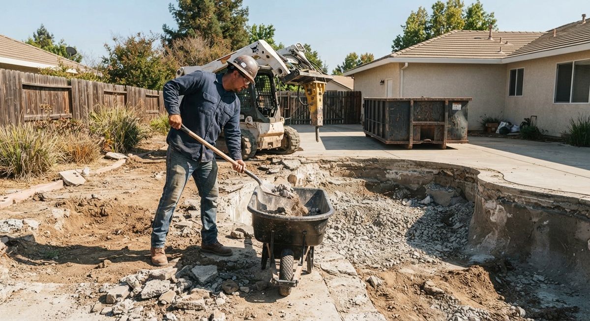 Worker shoveling debris during a residential pool demolition cleanup in Tracy, California.