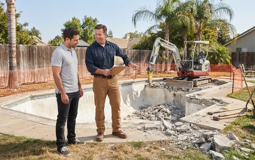 Contractor discussing pool demolition project with a homeowner.