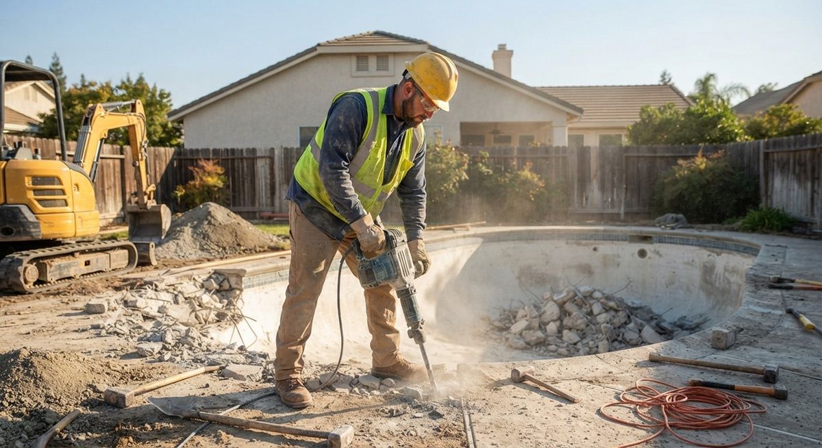 Contractor using a jackhammer during a residential pool demolition project in Tracy, California.
