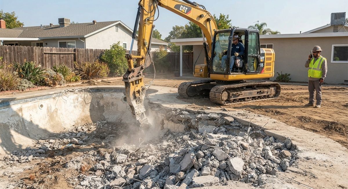 Excavator demolishing a residential swimming pool in Tracy, California.