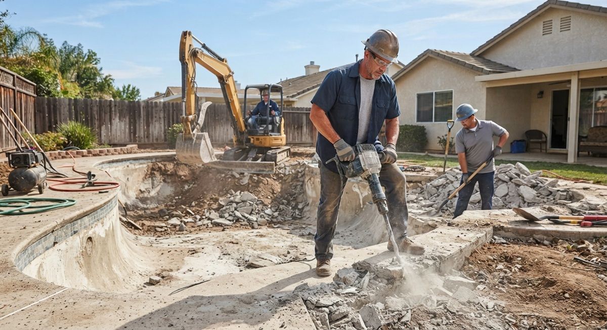Professional contractors performing residential pool demolition in Tracy, California.