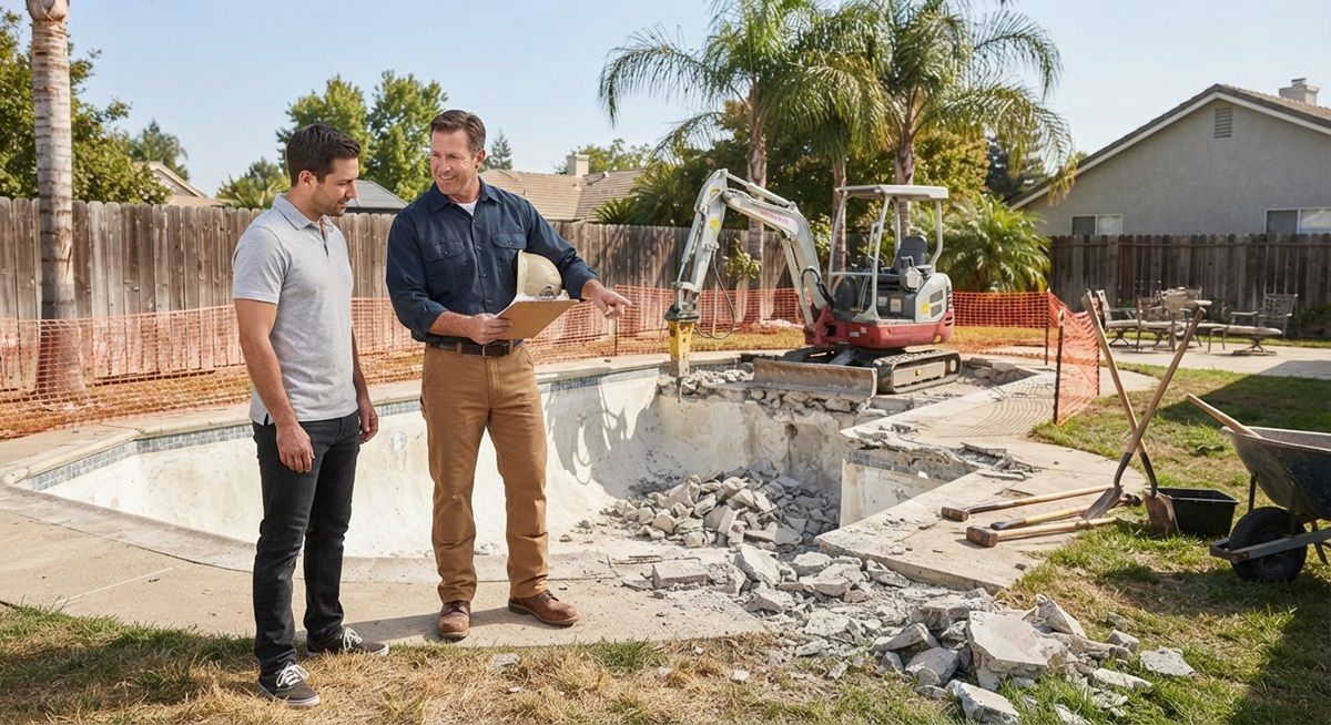 Contractor discussing pool demolition project with a homeowner in Tracy backyard.