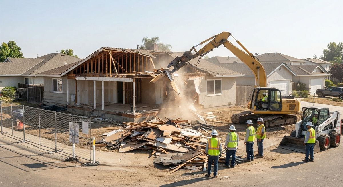 Excavator demolishing a suburban house in Tracy, California, with workers observing.