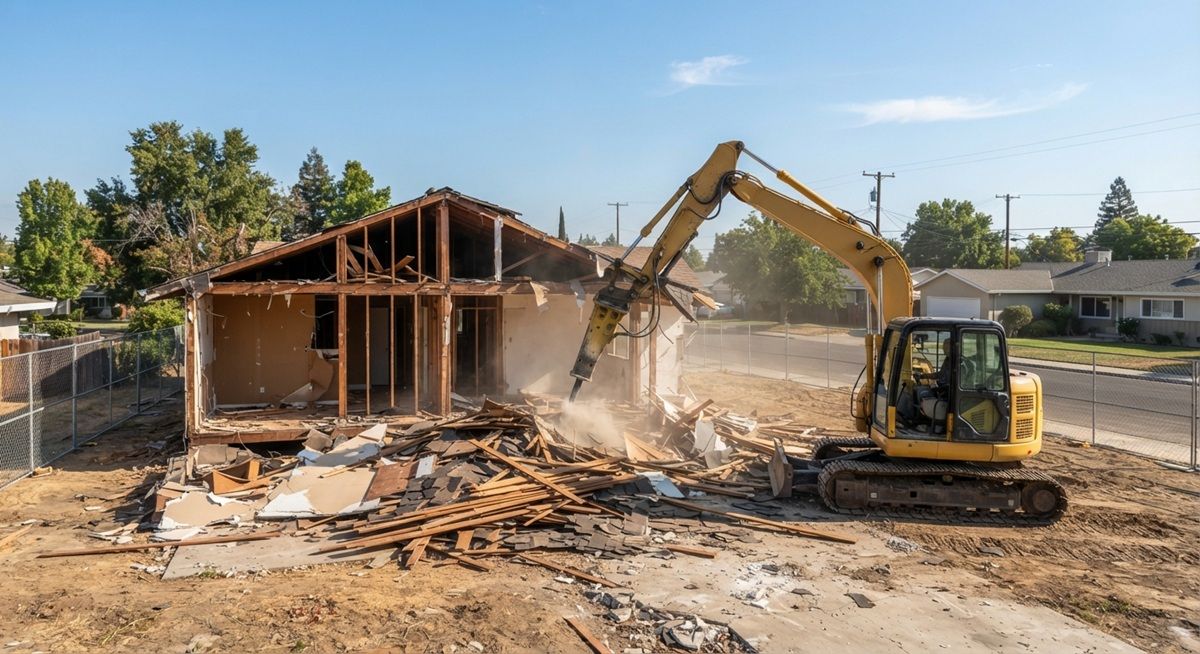 Excavator demolishing a residential house in Tracy, California.