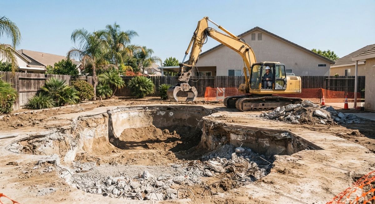 A large excavator demolition tool breaking up an old swimming pool.