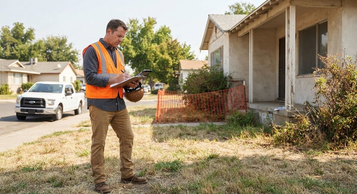 Demolition contractor estimating a residential property in Tracy, California.
