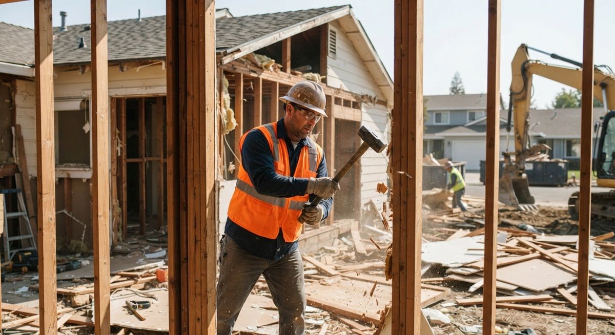 Technician with sledgehammer demolishing a house frame in Tracy, CA.