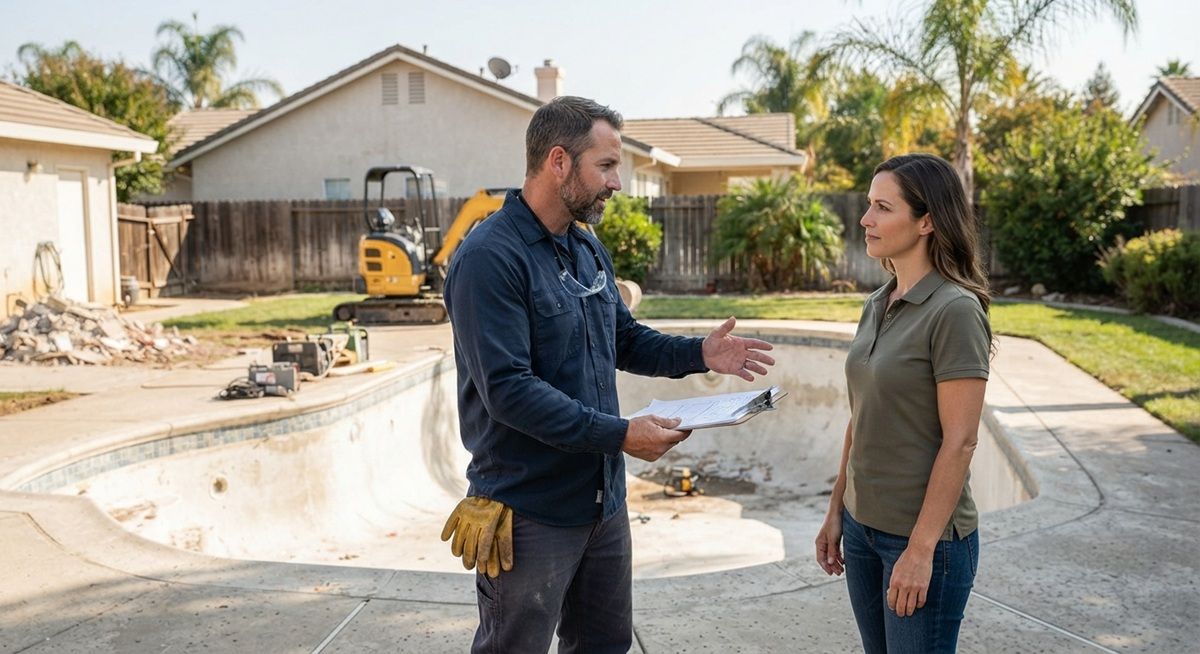 Local contractor discussing pool demolition project with a homeowner in Tracy, California.