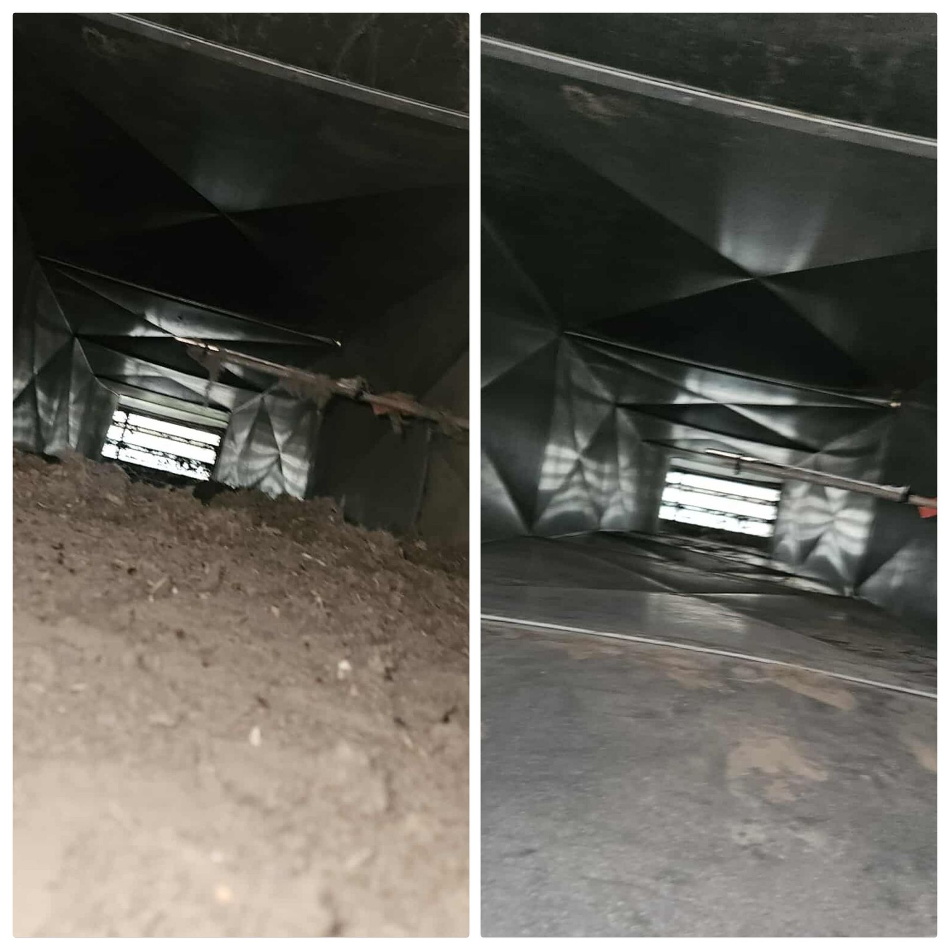 Inside a dark metal duct, with dirt on the left and a bright vent at the far end.