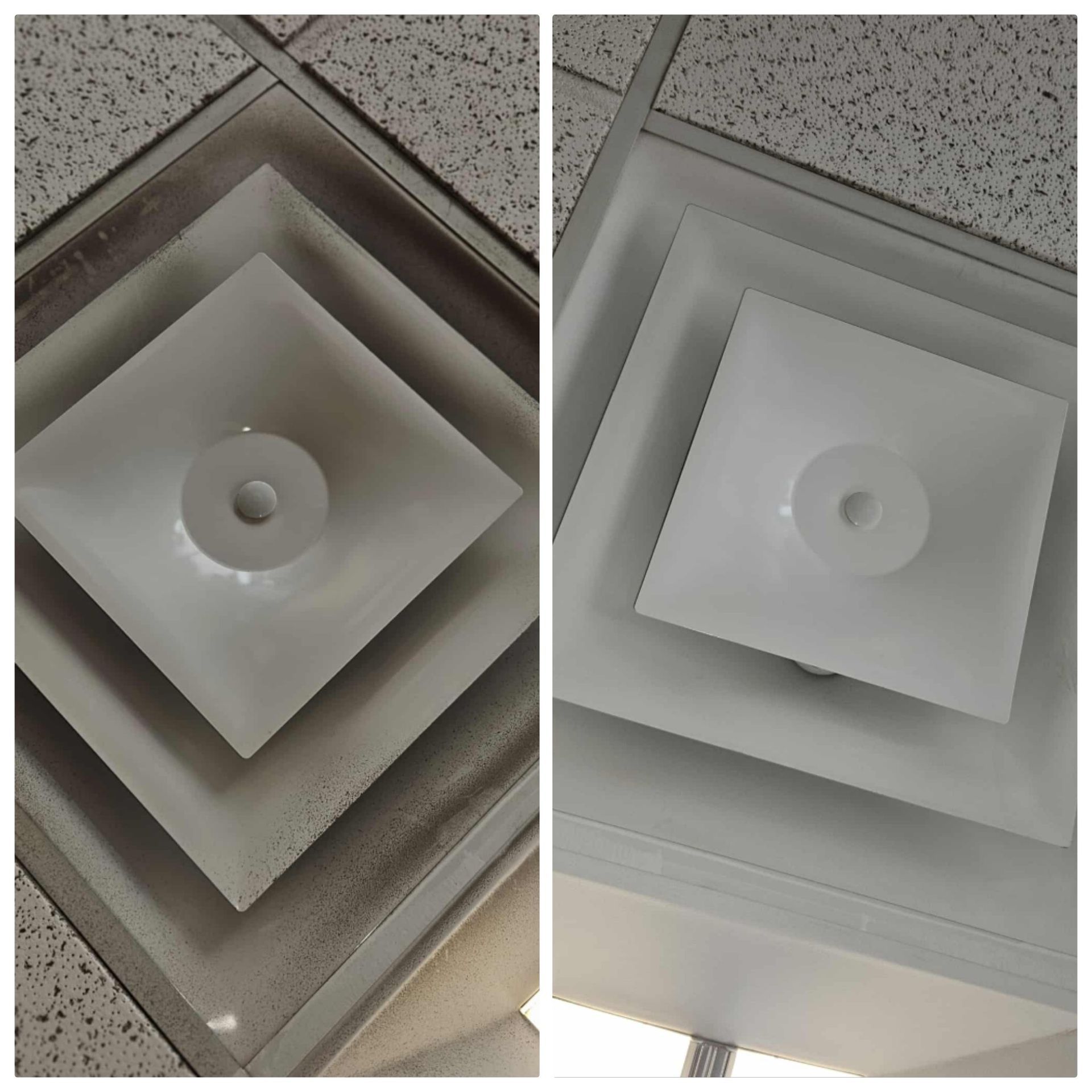 Two photos of a square ceiling light fixture in a tiled ceiling, shown from slightly different angles.