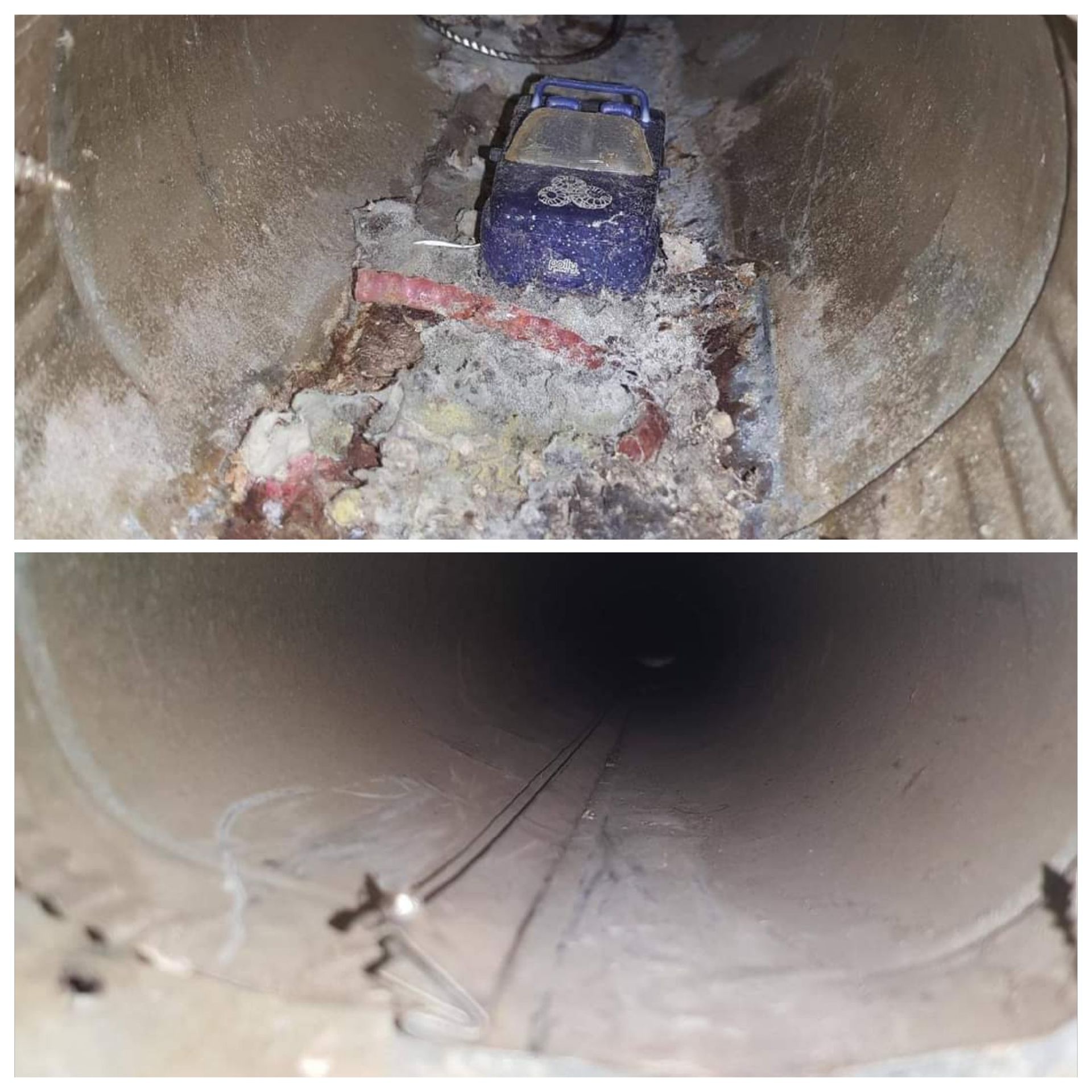 Pipe interior with debris and a small blue toy car stuck inside; lower view shows a dark, empty tunnel.