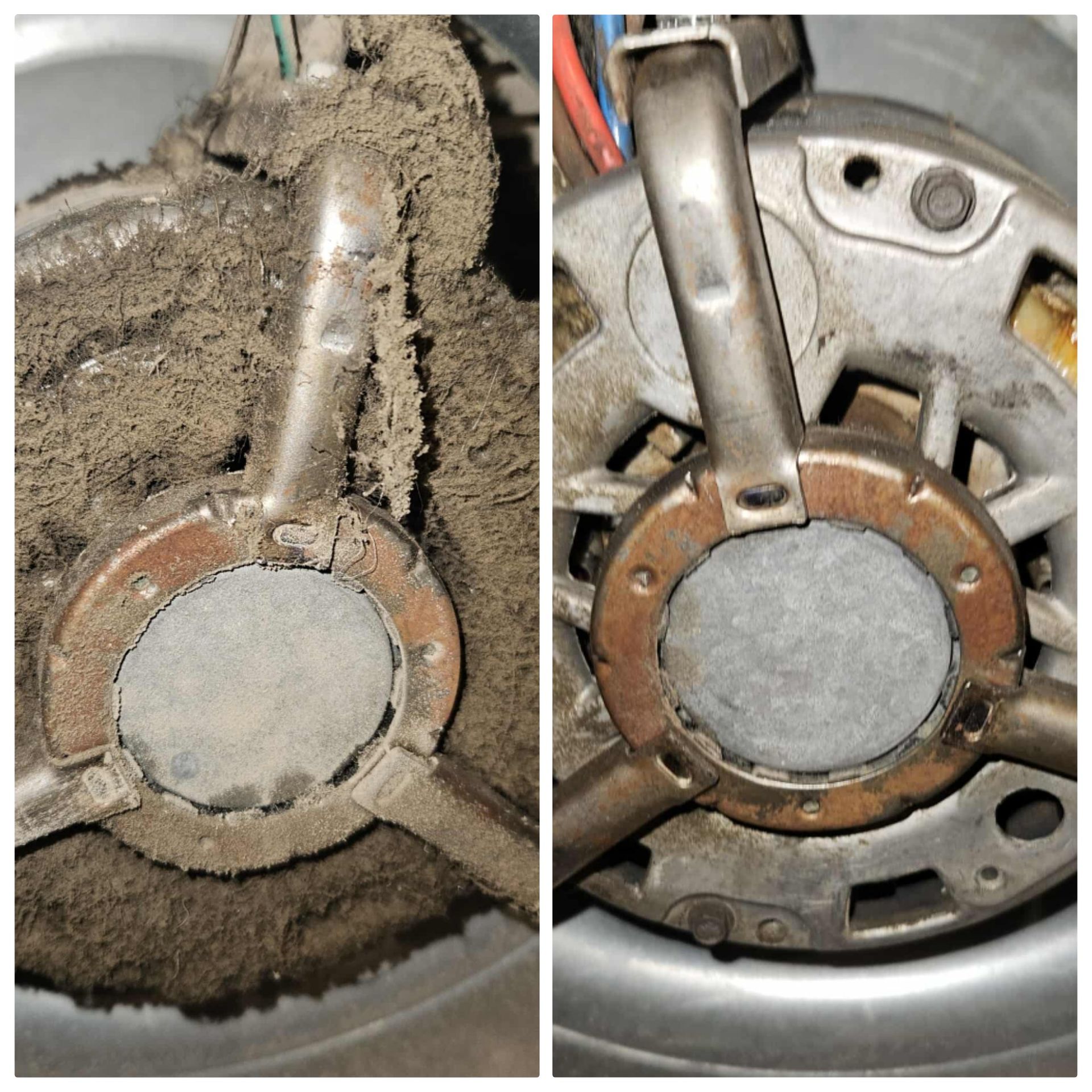 Side-by-side close-up of a dirty and cleaned metal wheel hub or bearing assembly.