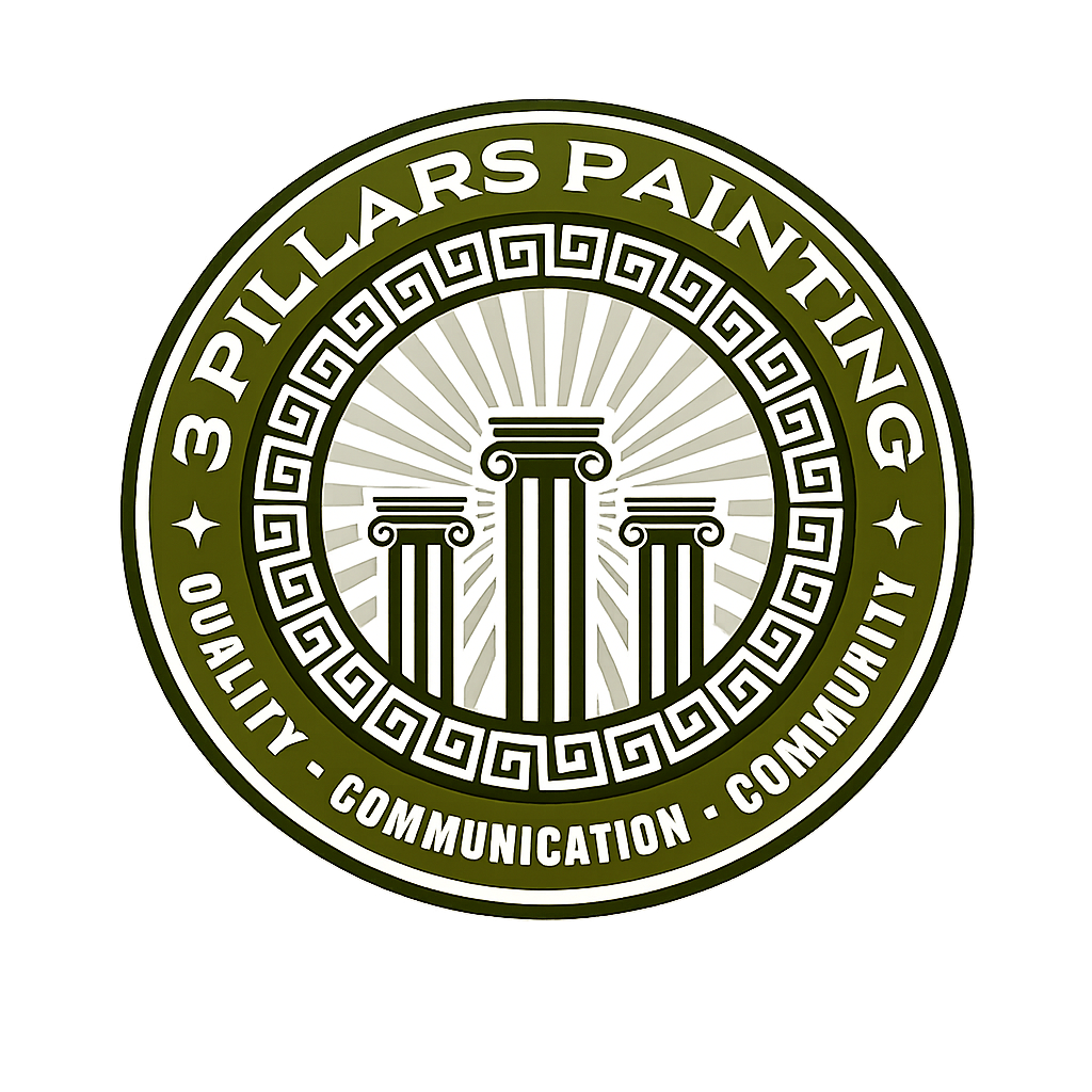 3 Pillars Painting logo in olive green and white with Greek columns and circular text: quality, communication, community