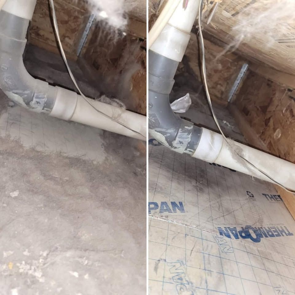Damaged white PVC pipe with a taped joint leaking water under a wooden roof, viewed from two angles