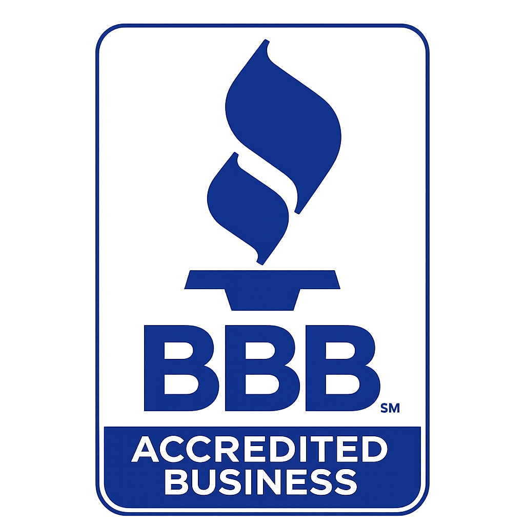 BBB Accredited Business logo with blue torch and text on white background