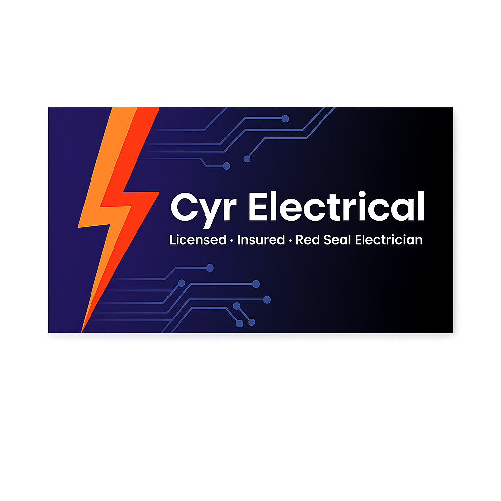 Cyr Electrical logo on dark blue, with orange lightning bolt and white text: “Licensed • Insured • Red Seal Electrician”