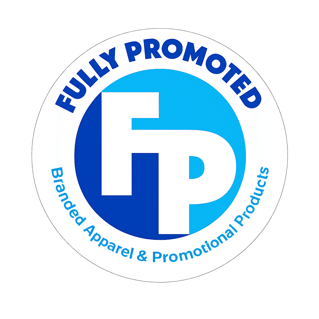 Circular blue-and-white logo for Fully Promoted, with FP and “Branded Apparel & Promotional Products” text