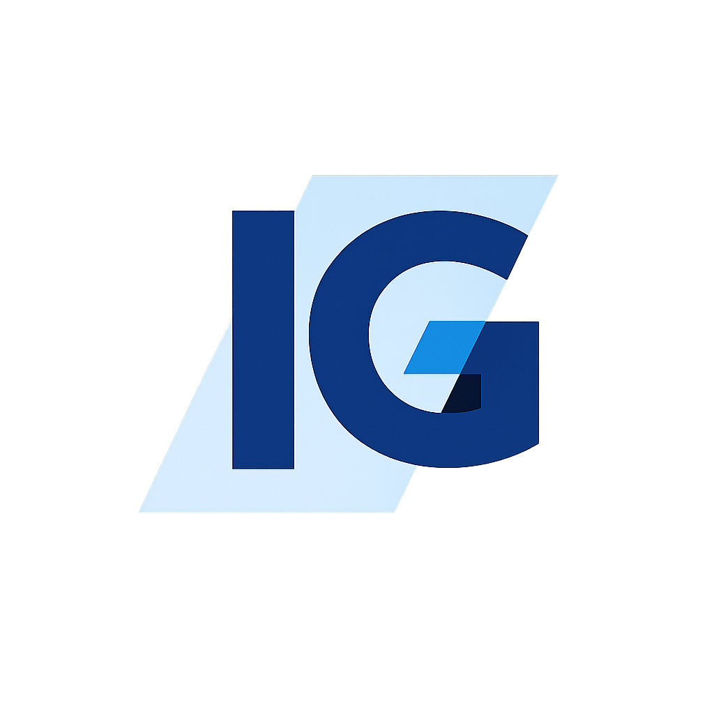 Blue IG logo with stylized letters on a light blue geometric background