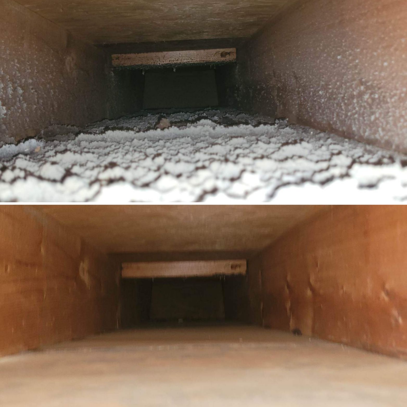Split view of a rectangular duct: top dirty with debris, bottom clean and empty