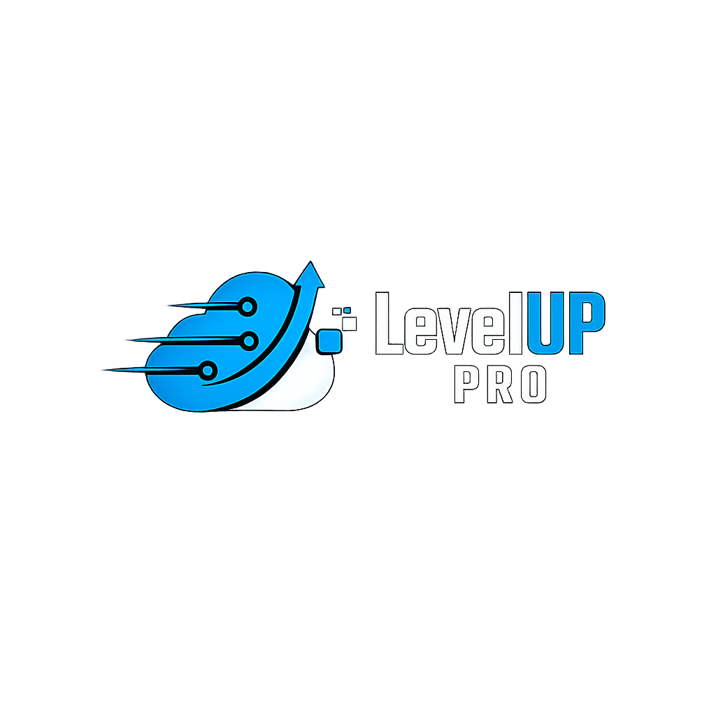 Blue circuit-style logo with the text “LevelUP PRO” on a white background
