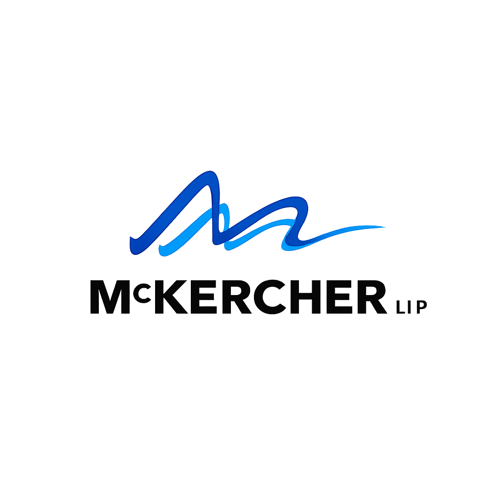 McKercher LLP logo with blue abstract line above black text on a white background