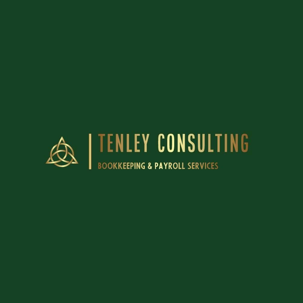 Tenley Consulting logo on dark green background with gold text: Bookkeeping & Payroll Services