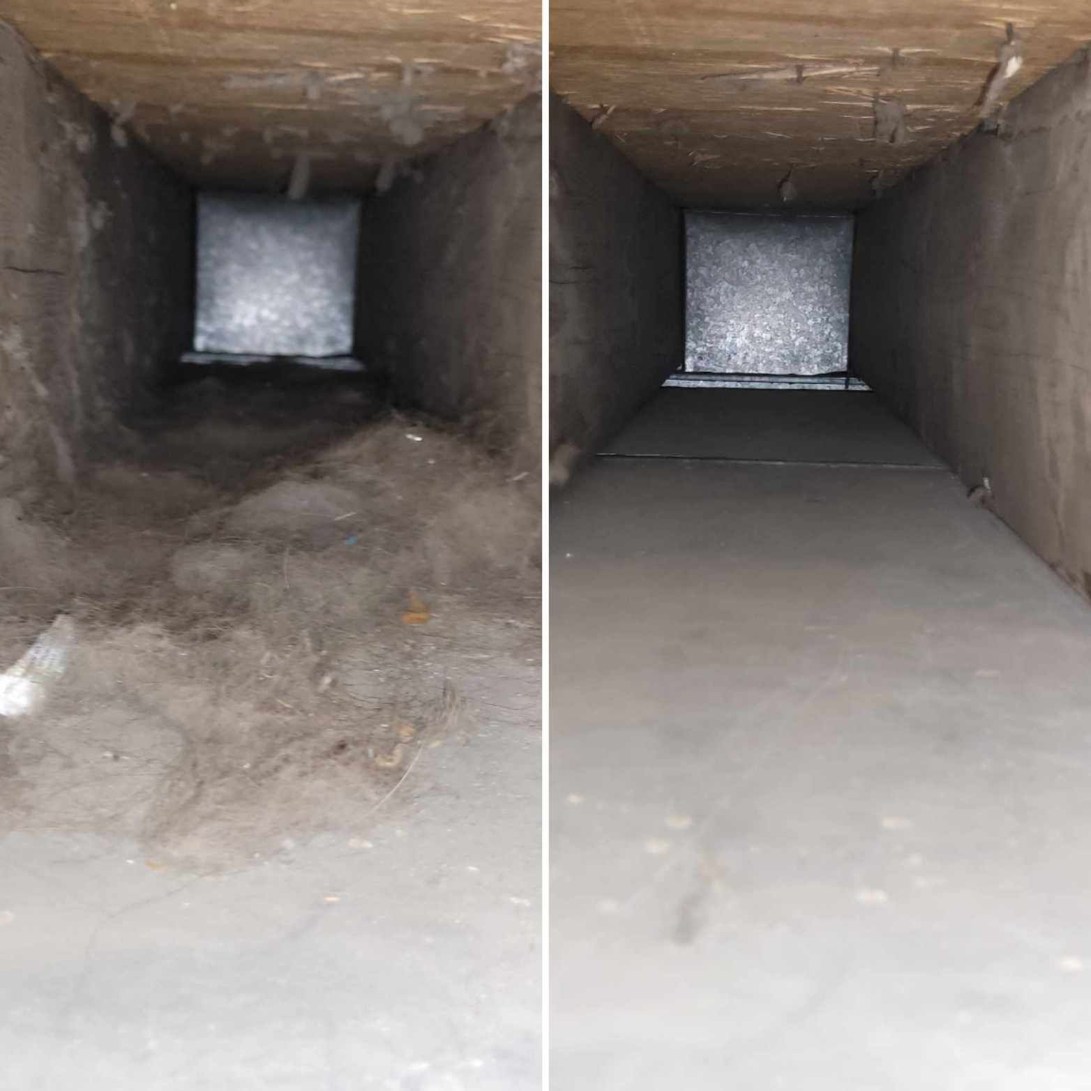 Before-and-after view of a dusty ventilation duct, with the right side cleaned and the left side dirty.