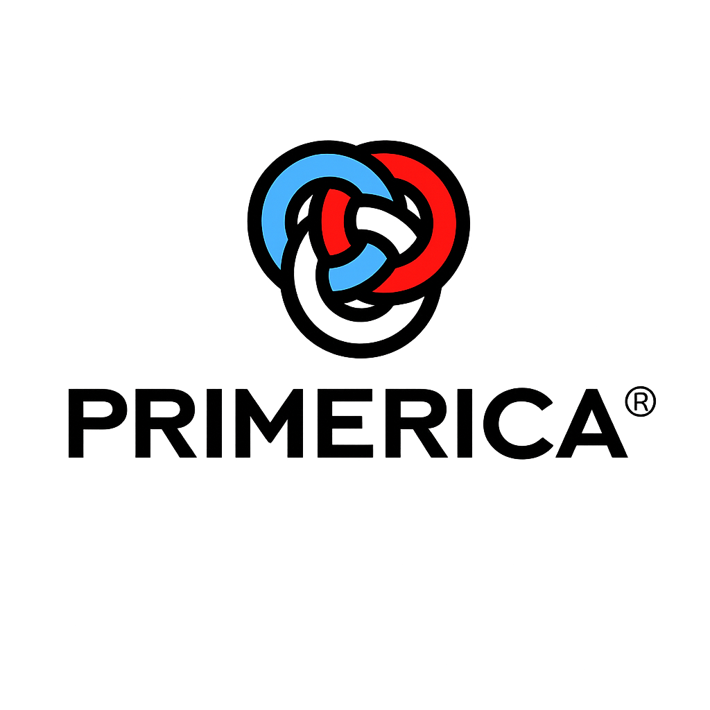 Primerica logo with interlocking red, blue, and black loops above the word “PRIMERICA”