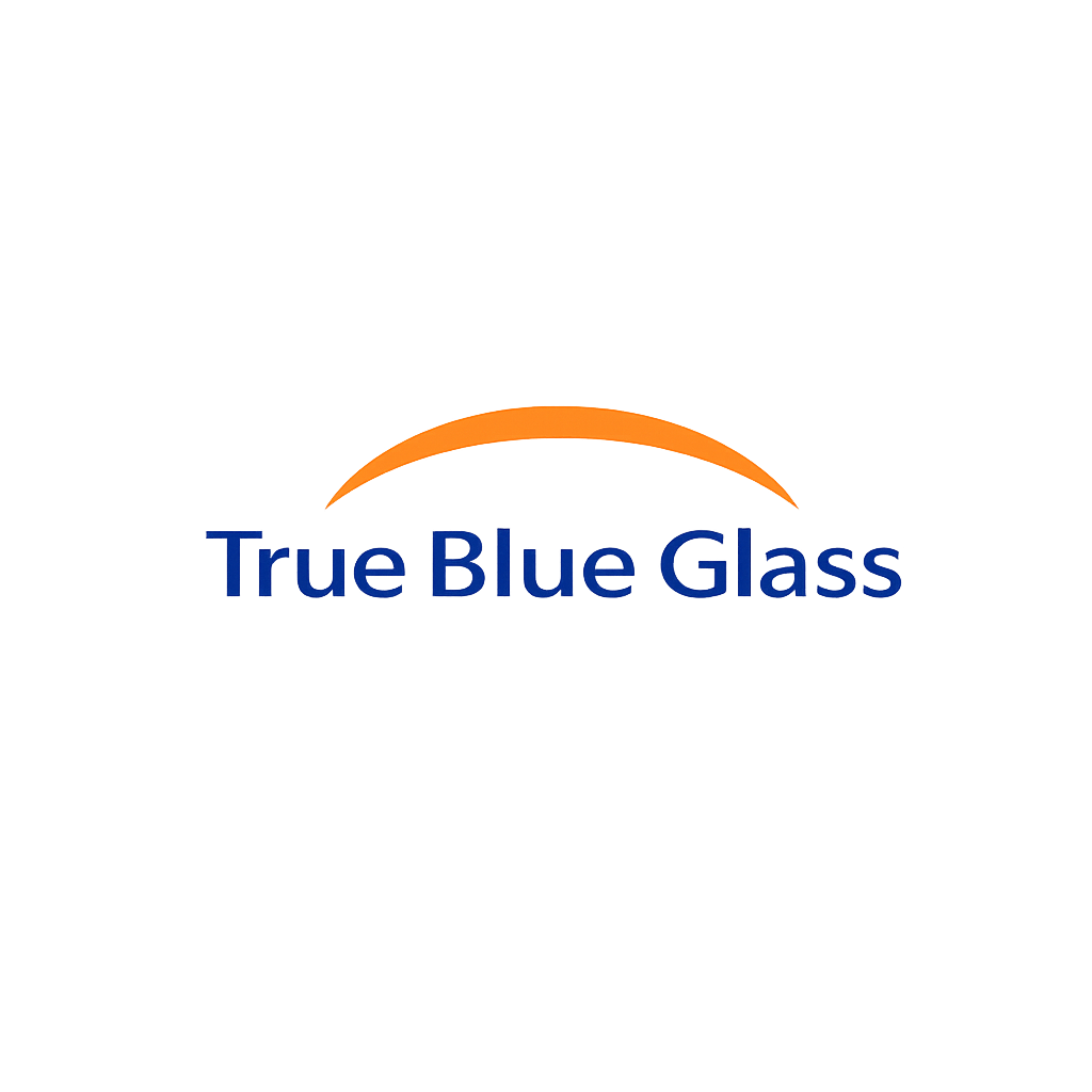 True Blue Glass logo with blue text and an orange arc above it