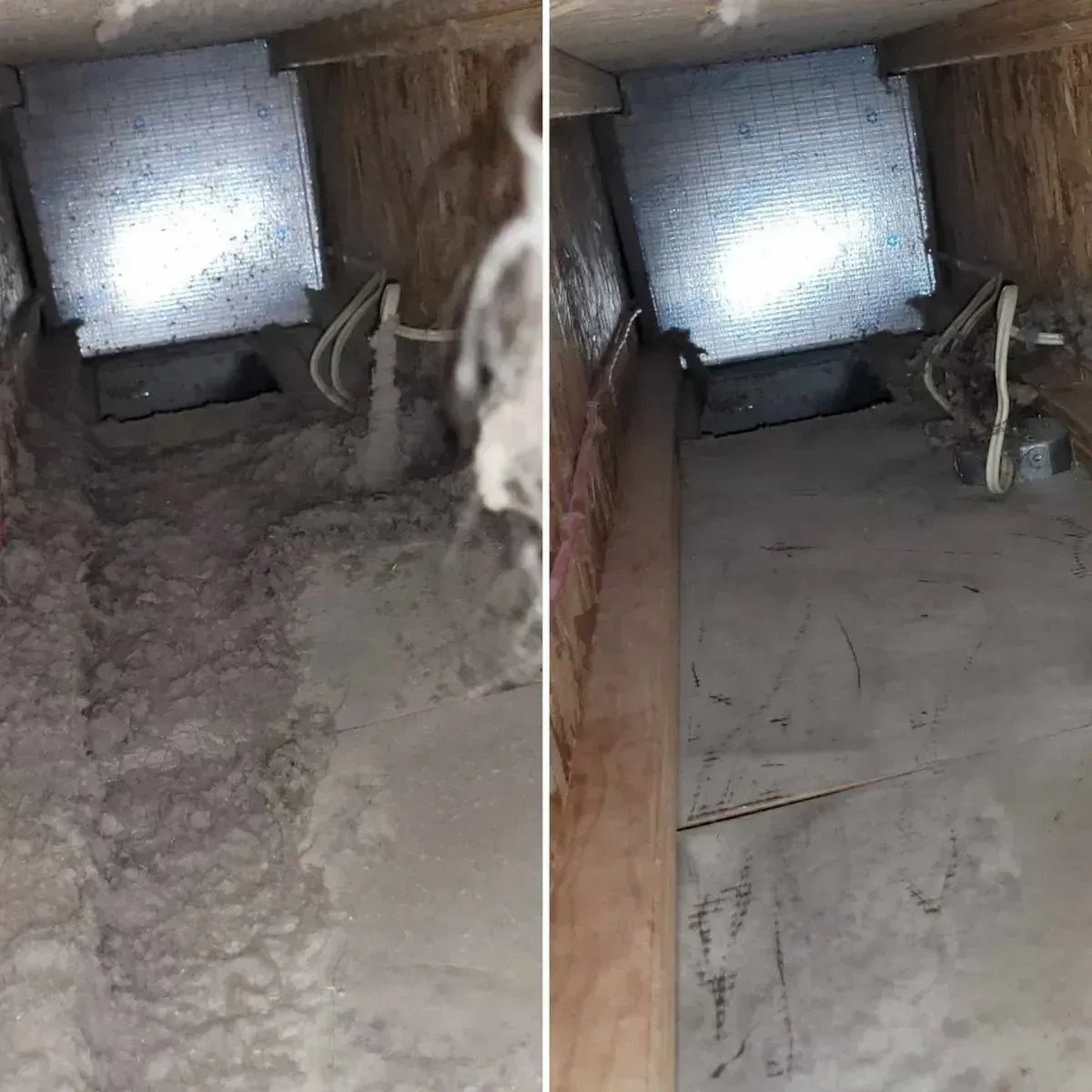 Duct crawlspace with dirt floor, foil-insulated vent at back, and exposed wires on the right.