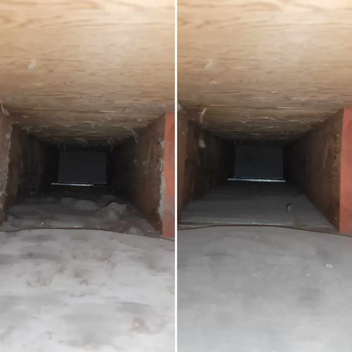 Split view of a narrow concrete tunnel or duct with a dark opening at the end.