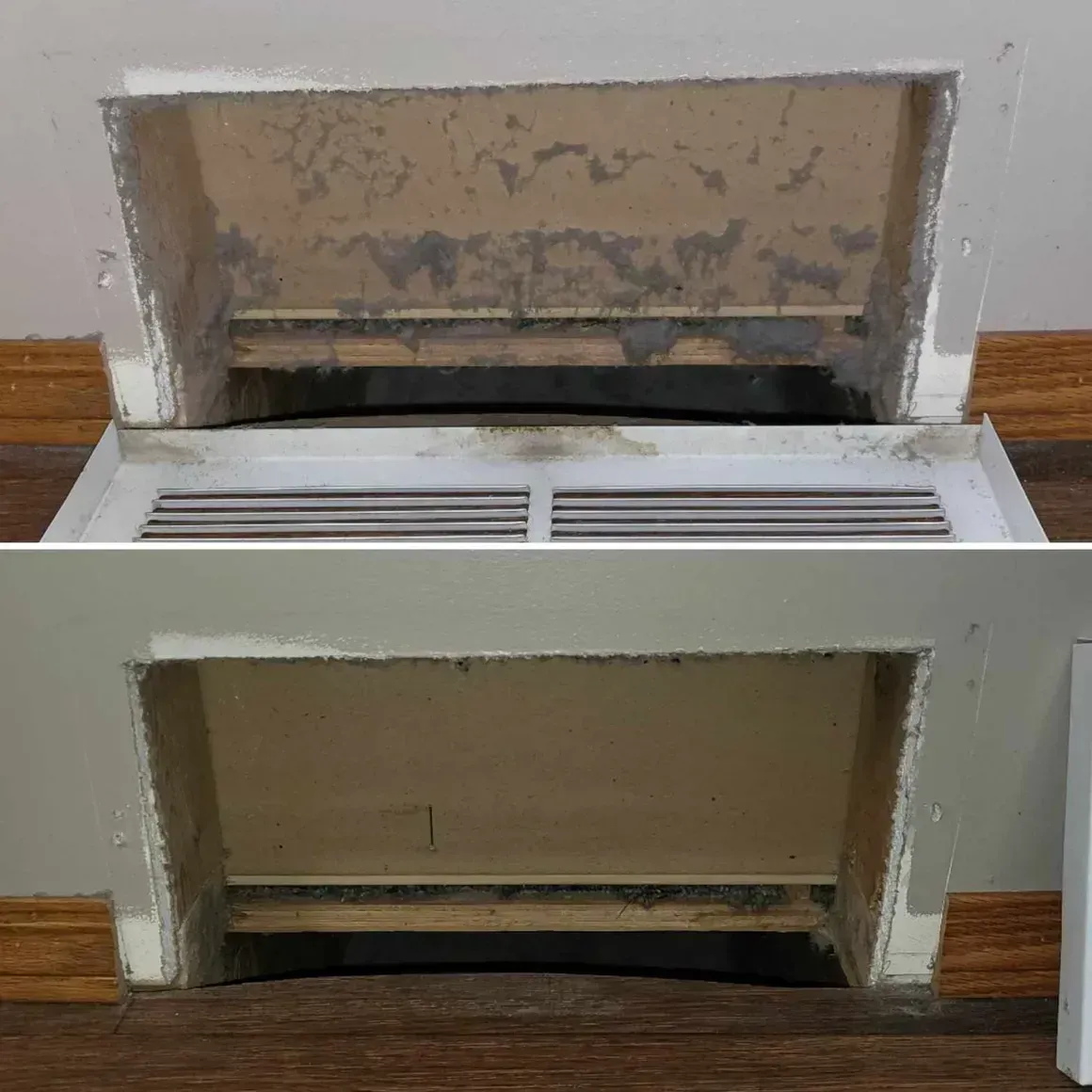 Open wall vent or fireplace opening with a vent cover on the floor in front, shown in two photos
