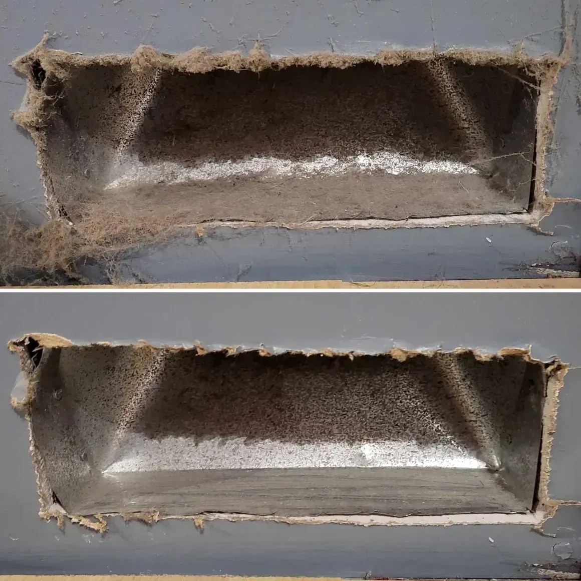 Two close-up views of a dusty rectangular metal vent or duct opening in a gray wall.
