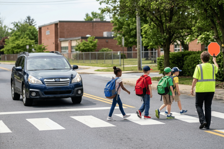 Blue Subaru Outback approaching a school crosswalk as children with backpacks cross the street