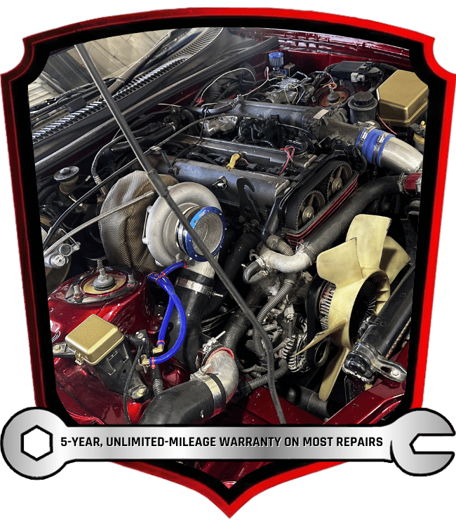 High performance engine bay with turbocharger during engine repair and performance work