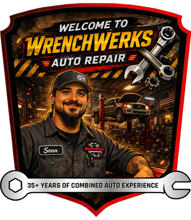 WrenchWerks shop window sign with red text, blue frame, and automotive service list.