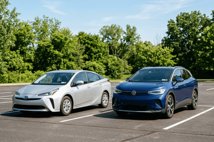 Silver Toyota Prius hybrid and blue Volkswagen electric SUV parked side by side