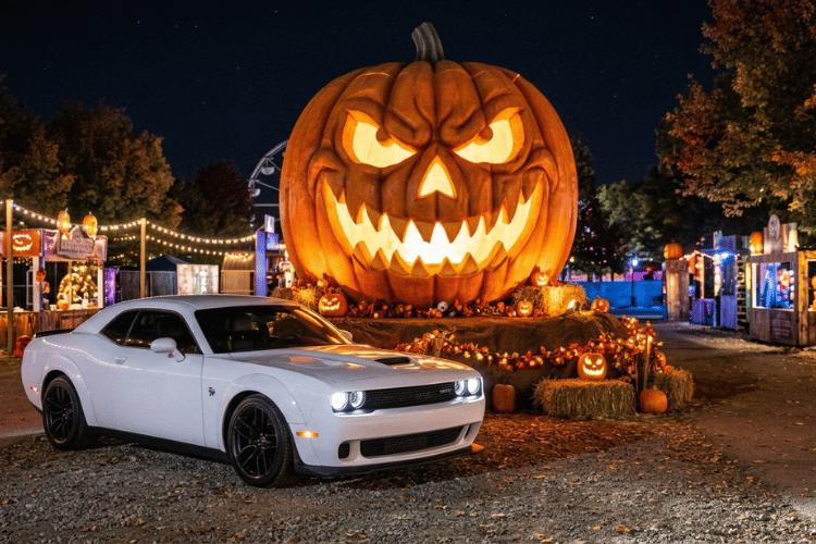 White Dodge Challenger parked at a Halloween festival featuring a giant glowing jack-o'-lantern