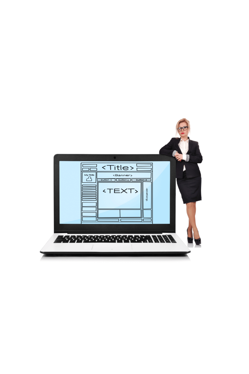 A woman is standing next to a laptop computer.