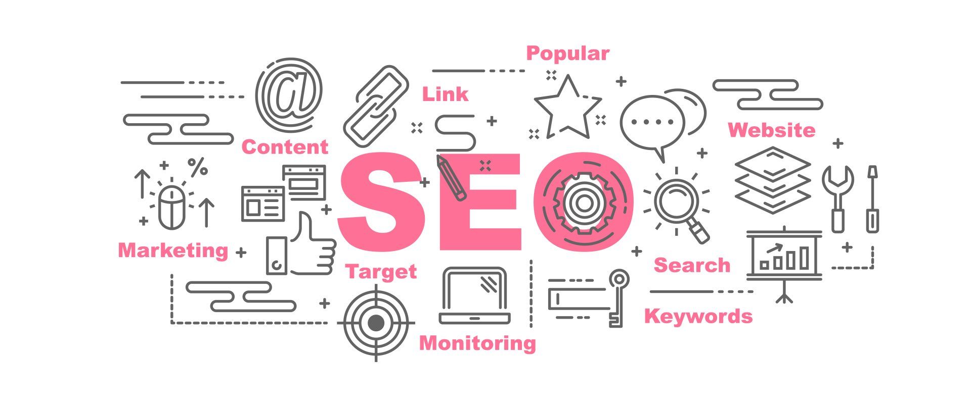 A banner with the word SEO surrounded by different icons.