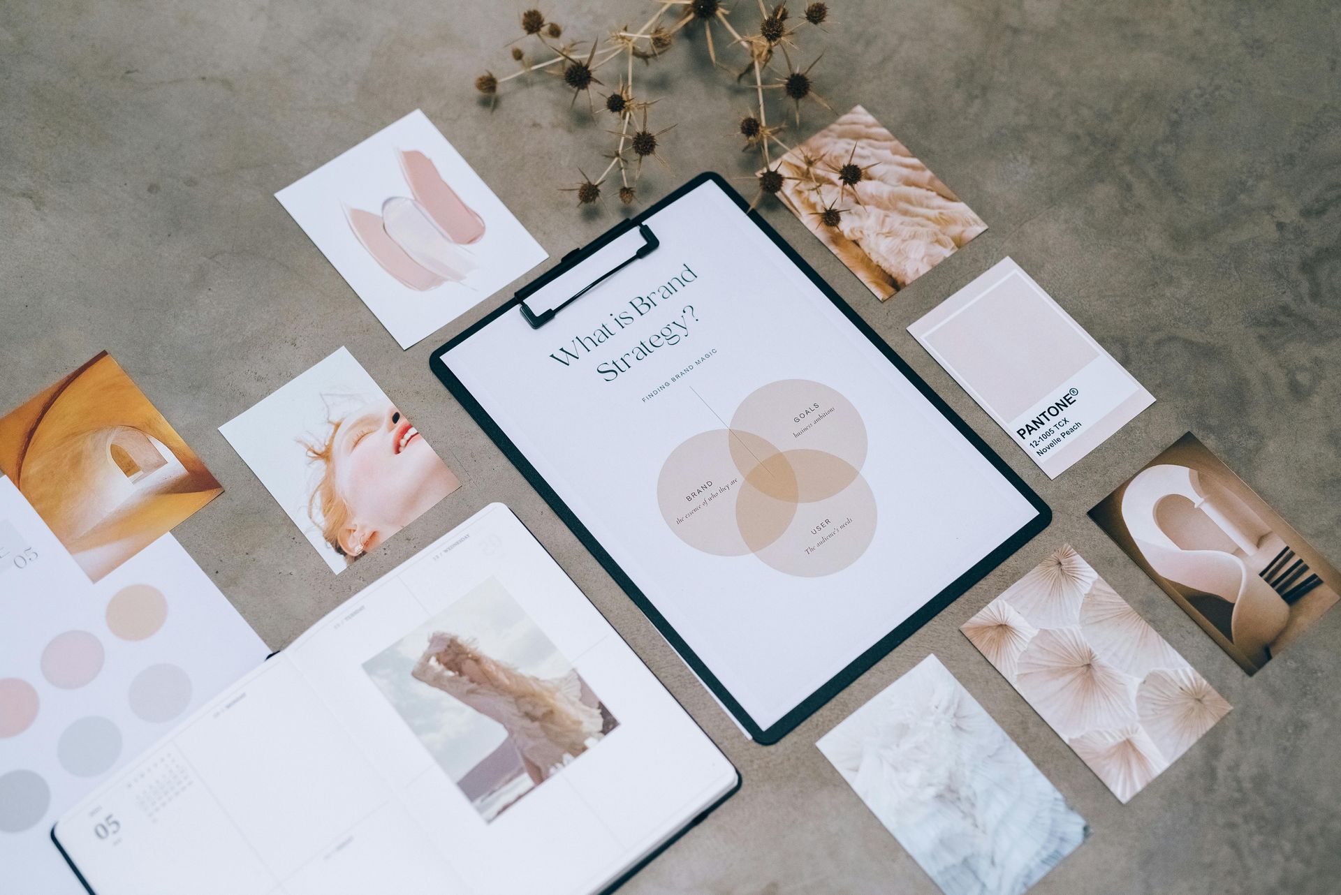 A clipboard is sitting on top of a table surrounded by various content