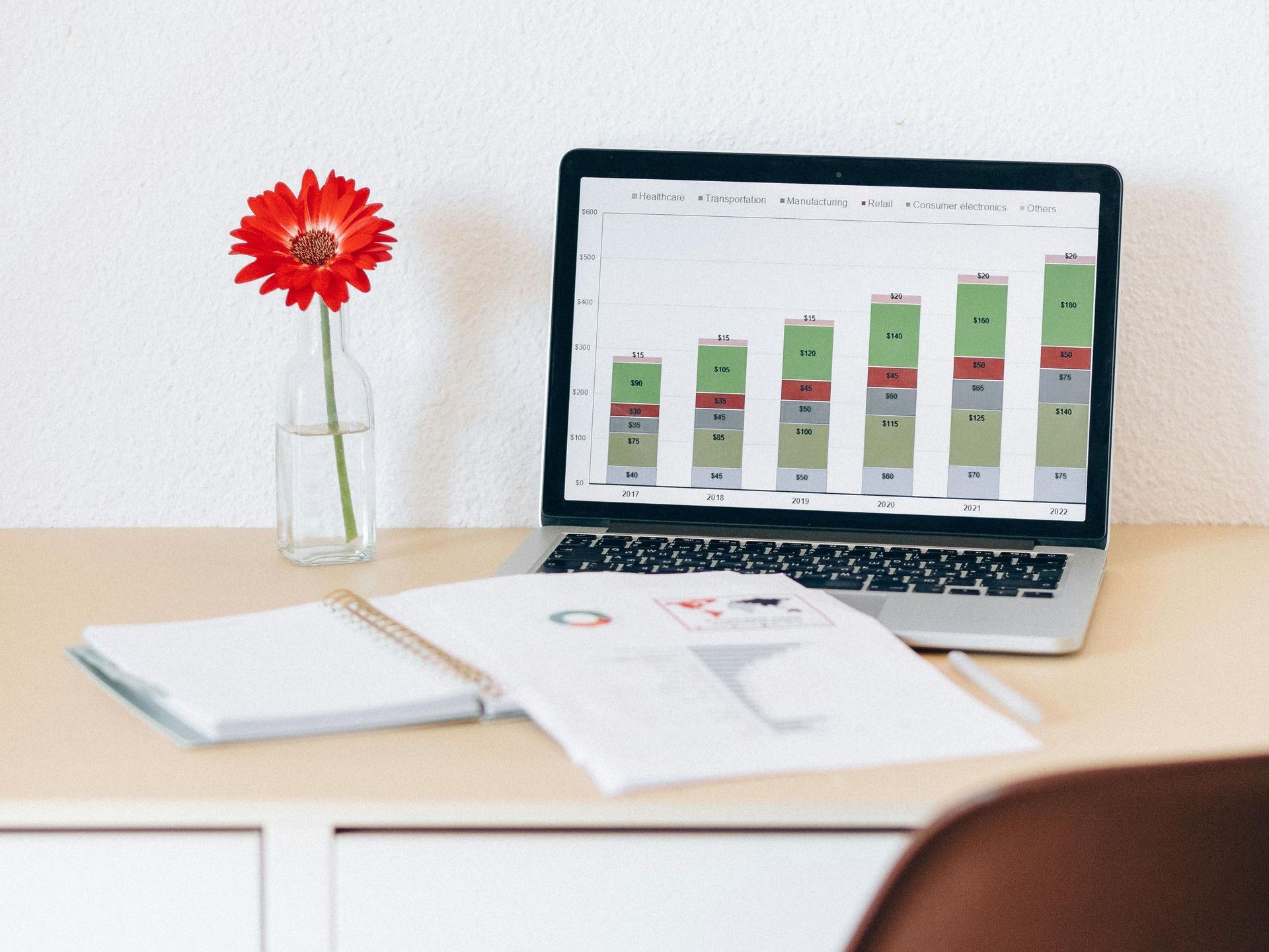 A small business laptop with a graph on the screen is sitting on a desk next to a vase of flowers.